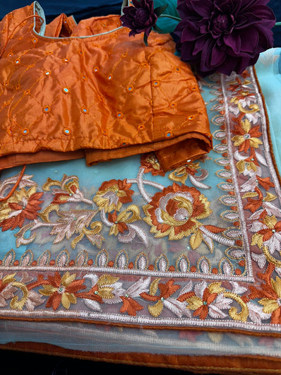 Beige Net  Saree with threadwork and orange Stitched Blouse