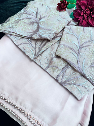 Vilot Pink Satin Saree with Stitched Blouse