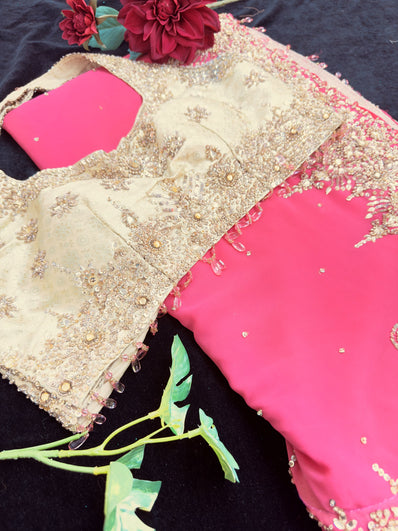 Hot Pink Georgette Saree with Stitched Blouse