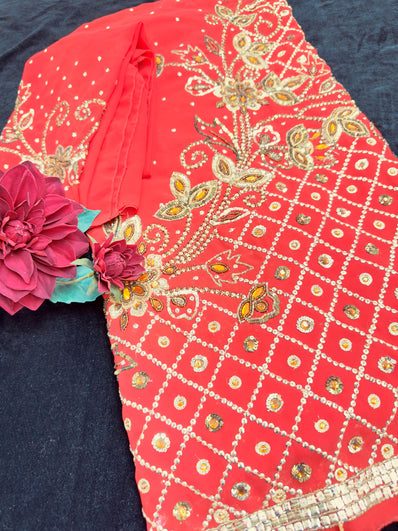 Red Chiffon Saree with Heavy Sequin Work