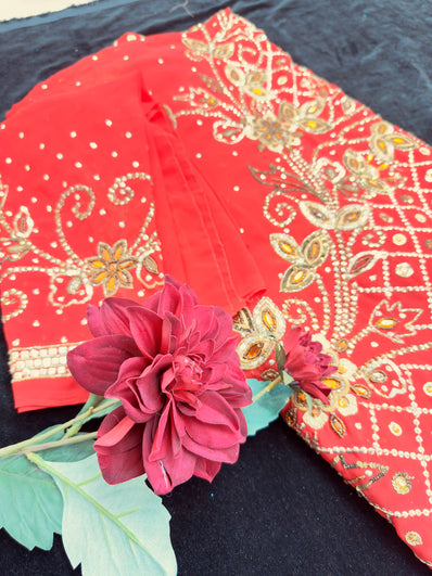 Red Chiffon Saree with Heavy Sequin Work
