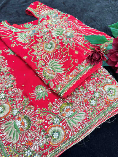 Red Georgette Saree with heavy Embroidery and Stitched Blouse