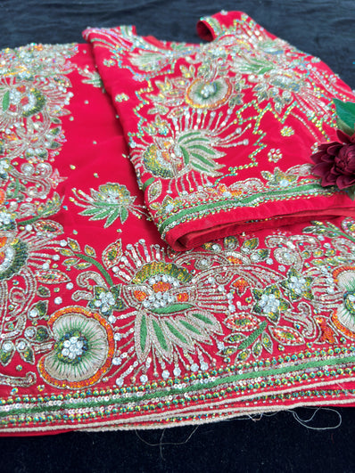 Red Georgette Saree with heavy Embroidery and Stitched Blouse