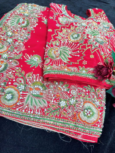 Red Georgette Saree with heavy Embroidery and Stitched Blouse