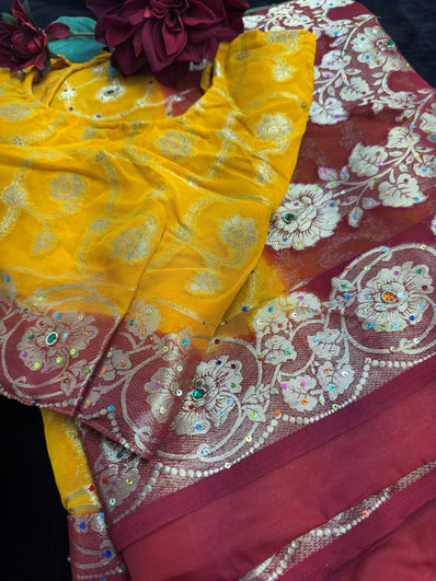 Yellow Bandani Chiffon Saree with Stitched Blouse