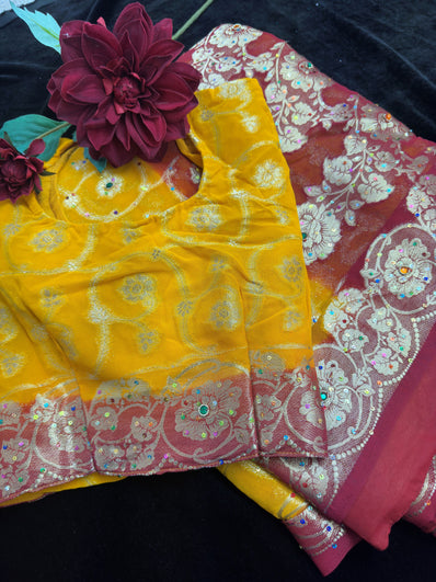 Yellow Bandani Chiffon Saree with Stitched Blouse