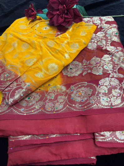 Yellow Bandani Chiffon Saree with Stitched Blouse