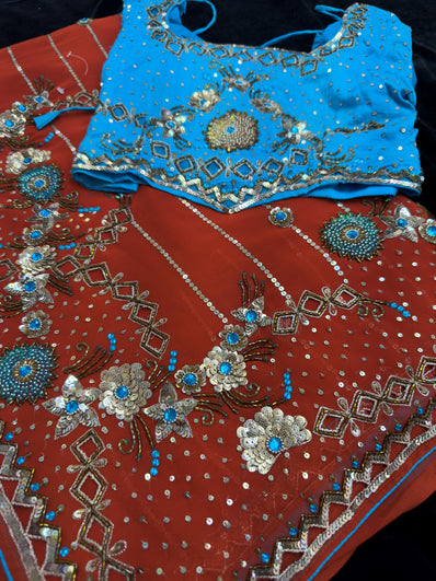 Orange Georgette Saree with heavy Embroidery and Stitched Blouse