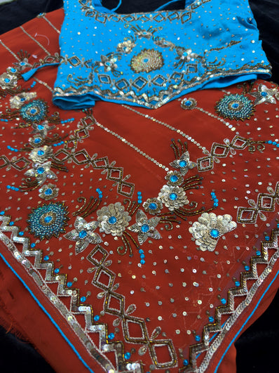 Orange Georgette Saree with heavy Embroidery and Stitched Blouse