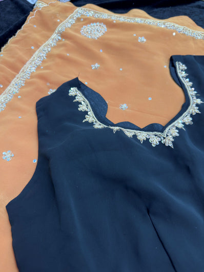 Mustard Georgette Saree with  Embroidery and SemiStitched Blouse