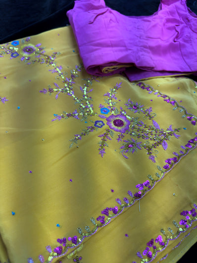 Yellow Georgette Saree with  Embroidery and Semi Stitched Blouse