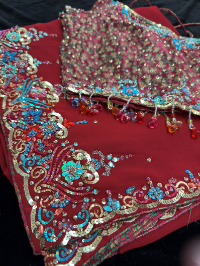 Maroon Georgette Saree with heavy Embroidery and Stitched Blouse