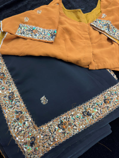 Black Georgette Saree with  Embroidery and Semi Stitched Blouse