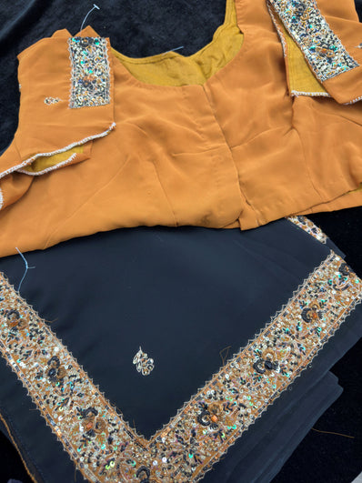 Black Georgette Saree with  Embroidery and Semi Stitched Blouse