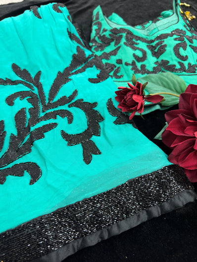 Teal Georgette Saree with heavy Embroidery and Stitched Blouse