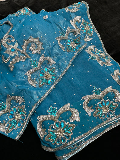 Blue Shimmer Saree with heavy Embroidery and Stitched Blouse