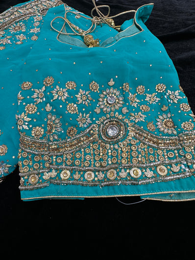 Dark Turquoise georgette Saree with heavy Embroidery and Stitched Blouse