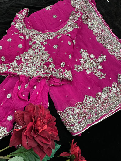 Magenta Pink georgette Saree with heavy Embroidery and Stitched Blouse