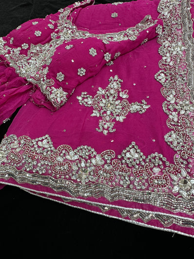 Magenta Pink georgette Saree with heavy Embroidery and Stitched Blouse