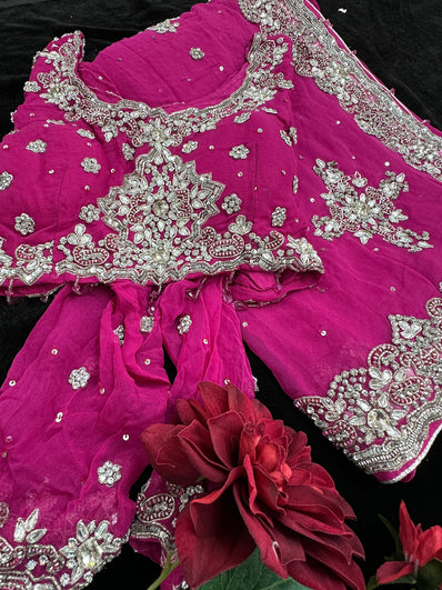 Magenta Pink georgette Saree with heavy Embroidery and Stitched Blouse