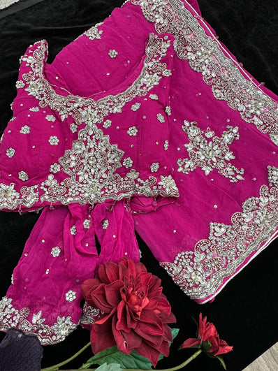 Magenta Pink georgette Saree with heavy Embroidery and Stitched Blouse