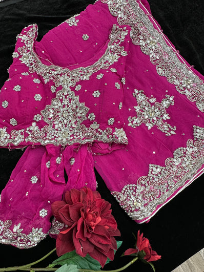 Magenta Pink georgette Saree with heavy Embroidery and Stitched Blouse