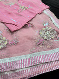 Baby Pink Net Saree with  Embroidery and Stitched Blouse