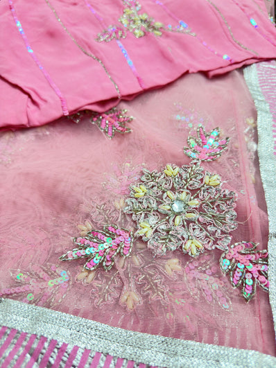 Baby Pink Net Saree with  Embroidery and Stitched Blouse