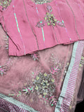 Baby Pink Net Saree with  Embroidery and Stitched Blouse