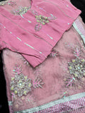 Baby Pink Net Saree with  Embroidery and Stitched Blouse