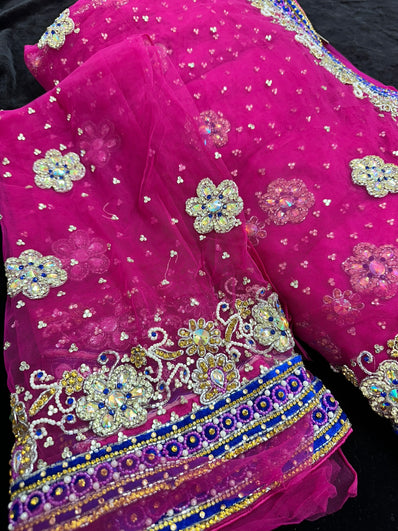 Magenta Pink Net Saree with  Embroidery