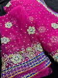 Magenta Pink Net Saree with  Embroidery