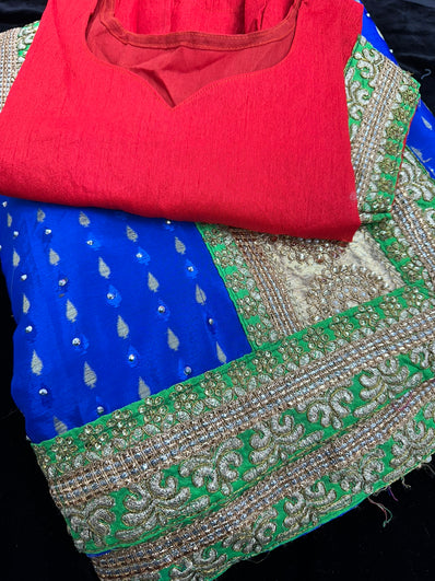 Blue Readymade Pleated Saree with Stitched Blouse