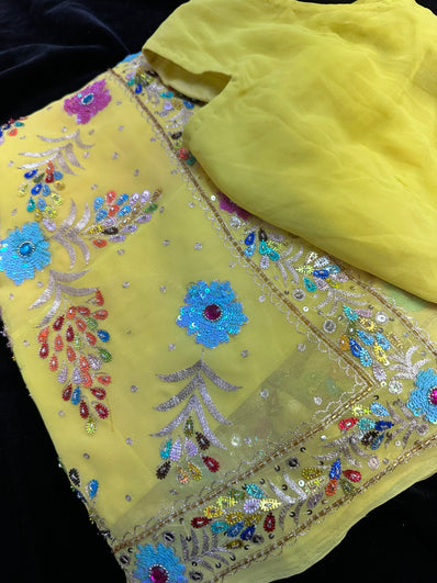 Yellow Readymade Pleated Saree with Stitched Blouse