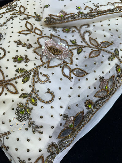 Ivory Readymade Pleated Saree with UnStitched Blouse