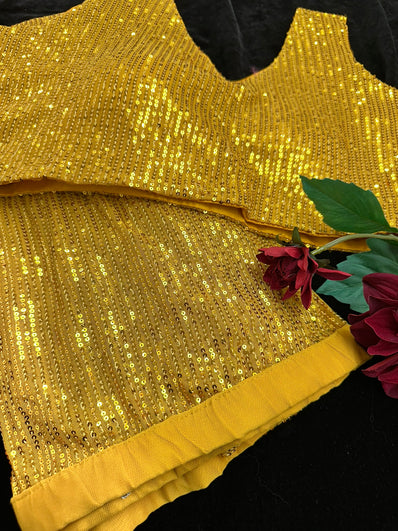 Mustard Gold Readymade Pleated Sequin  Saree with Stitched Blouse