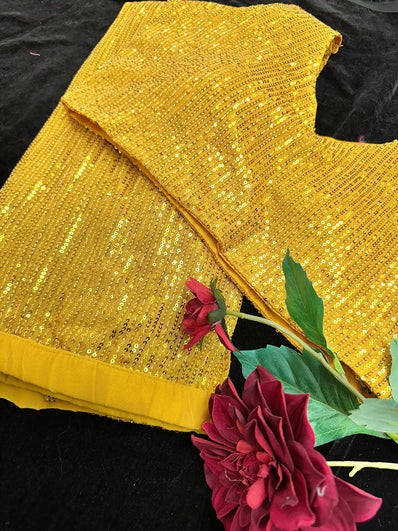 Mustard Gold Readymade Pleated Sequin  Saree with Stitched Blouse