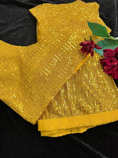 Mustard Gold Readymade Pleated Sequin  Saree with Stitched Blouse