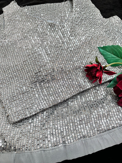 Grey Silver Readymade Pleated Sequin  Saree with Stitched Blouse