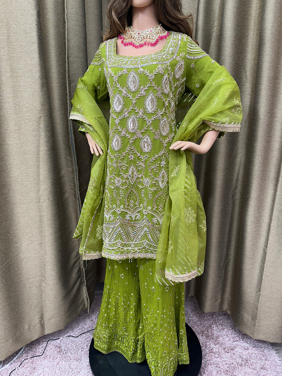 parrot green color combination dresses Parrot Green COLOUR SOFT ORGANZA TABI SILK FULLY STITCHED PRINTED STICHED GOWN