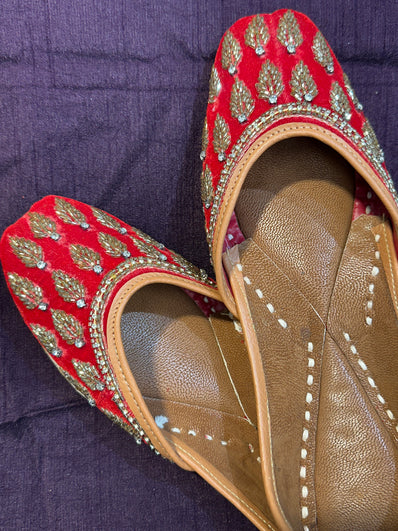 Handcrafted Red Velvet Gold Embroidered Juttis | Luxury Bridal & Ethnic Punjabi Footwear