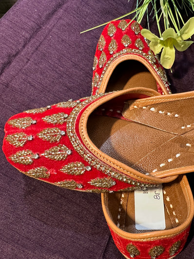 Handcrafted Red Velvet Gold Embroidered Juttis | Luxury Bridal & Ethnic Punjabi Footwear
