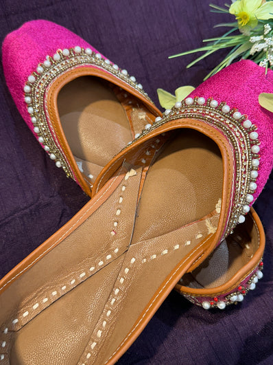 Handcrafted Hot Pink Velvet Pearl Embellished Juttis | Luxury Bridal & Ethnic Punjabi Footwear