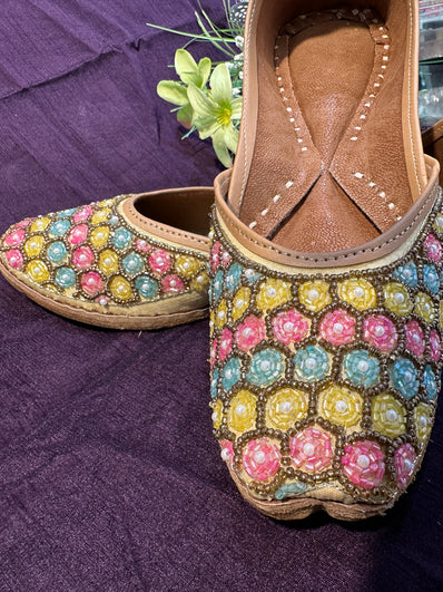 Handcrafted Multicolor Stonework Punjabi Jutti - Ethnic Footwear with Beaded & Mirror Embellishments