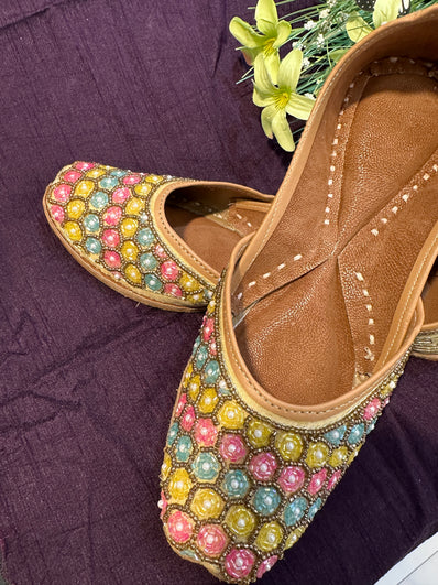 Handcrafted Multicolor Stonework Punjabi Jutti - Ethnic Footwear with Beaded & Mirror Embellishments
