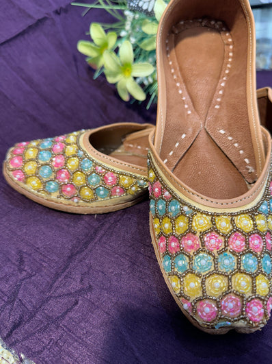 Handcrafted Multicolor Stonework Punjabi Jutti - Ethnic Footwear with Beaded & Mirror Embellishments