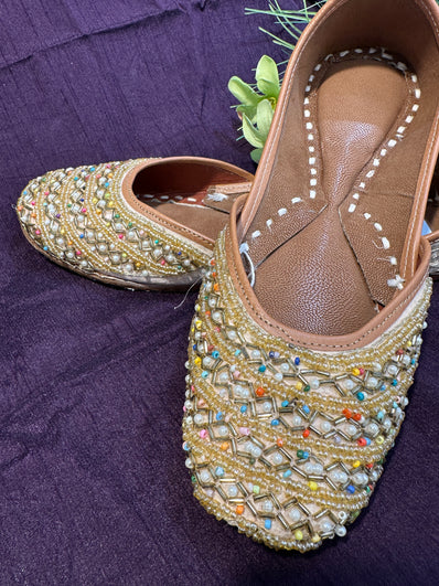 Golden Beaded Punjabi Jutti - Handcrafted Ethnic Footwear with Pearl & Mirror Embroidery