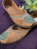 Turquoise & Gold Beaded Punjabi Jutti – Handcrafted Leather Ethnic Footwear with Embroidery & Pearl Detailing