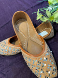 Peach & Mirror Work Punjabi Jutti – Handcrafted Ethnic Footwear with Beaded Detailing & Reflective Embellishments