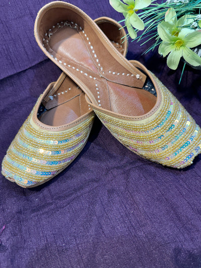 Gold Sequin Punjabi Jutti – Handcrafted Ethnic Footwear with Beaded & Iridescent Embellishments for Weddings & Festive Wear